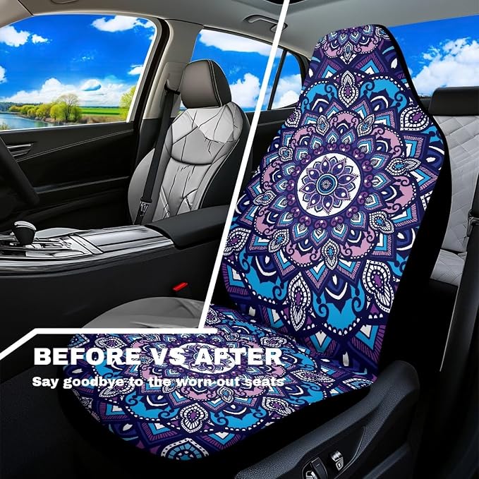 Boho Mandala Car Seat Covers Front Set Floral Premium Polyester Seat Covers Comfort Decorative Front Bucket Seat Cover for Cars Sedans Truck SUV Vans