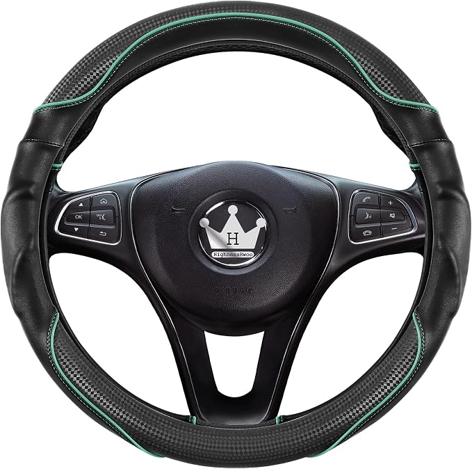 HighnessHwoo 3D Car Steering Wheel Cover Comfort Grip Massage Sporty Anti-Slip Carbon Fiber Faux Leather for F150, Trucks, Jeep, Van, Car Handle Covers for All Seasons, 15.2-16in, Green