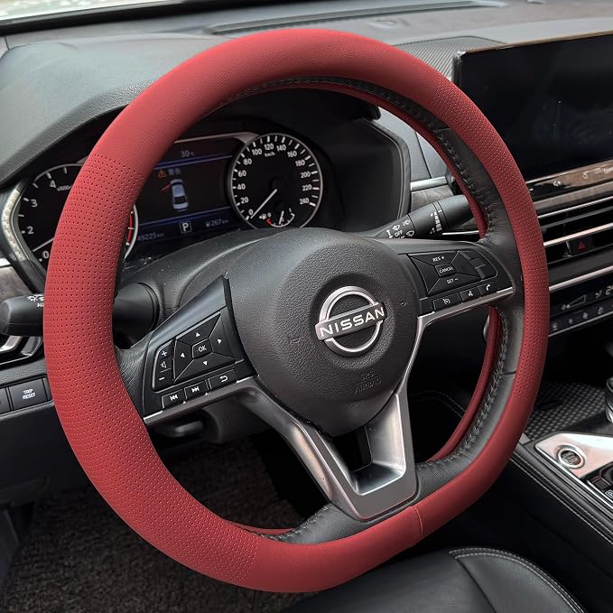 PINCTROT D Shaped Nappa Leather Steering Wheel Cover, Slim Fit No Bulk Design, One Piece Leather with Breathable Perforation, Fit Like Gloves, Flat Bottom 14.5-15 Inch(Nappa Rust Red)