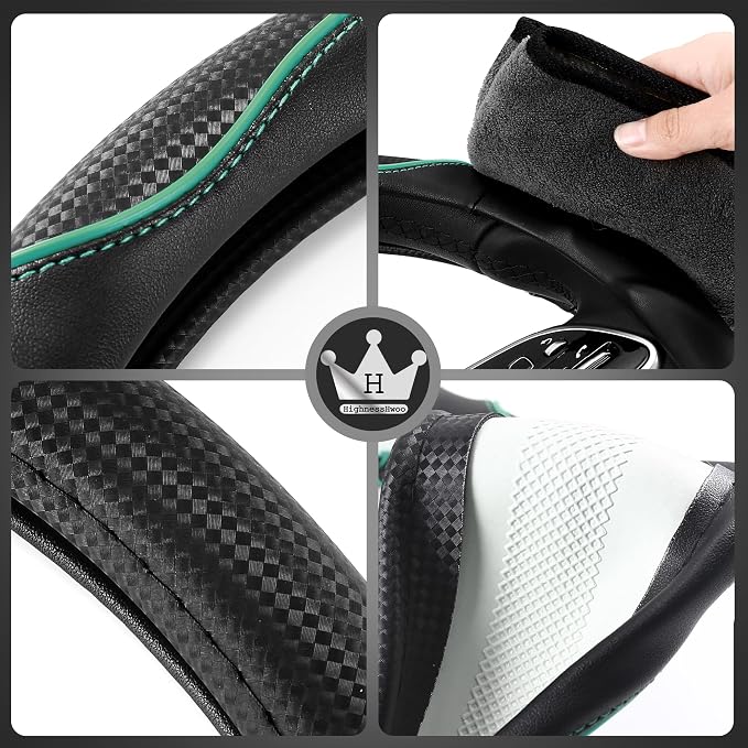 HighnessHwoo 3D Car Steering Wheel Cover Comfort Grip Massage Sporty Anti-Slip Carbon Fiber Faux Leather for F150, Trucks, Jeep, Van, Car Handle Covers for All Seasons, 15.2-16in, Green