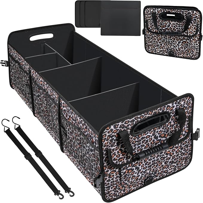 AOPHY Leopard Print Trunk Organizer - 95L Large Capacity, Non-Slip Bottom, Waterproof, Portable Car Storage for SUV, Truck, Sedan