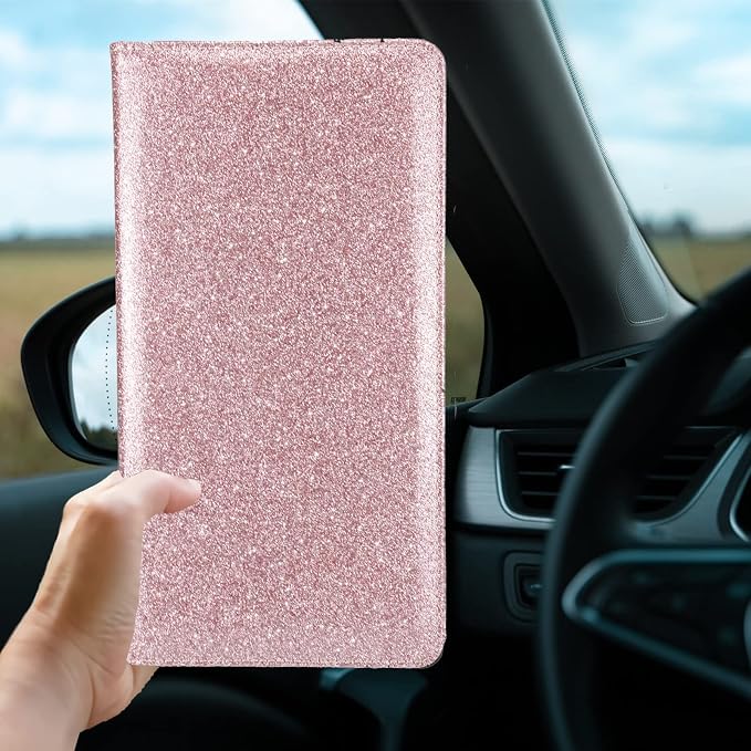 Car Registration and Insurance Holder, Bling Premium Pu Leather Vehicle Glove Box Organizer, Prefect Leather License Registration Holder for Driver License, Cards & Essential Documents (Pink)