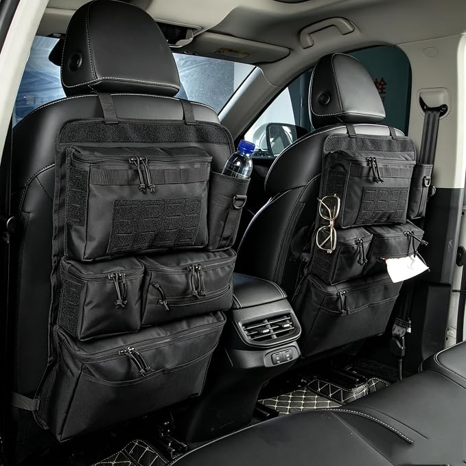 One-Piece Universal Car Seat Back Organizer with Tissue & Water Bottle Bag | Tactical Molle Car Backseat Organizer, Multi Separate Storage Compartments,for Car Truck Pickups SUVs