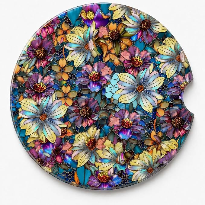 2Pack Car Cup Holder Coasters Absorbent Ceramic Coaster 2.56" for Women & Men Car Accessories Flower Purple