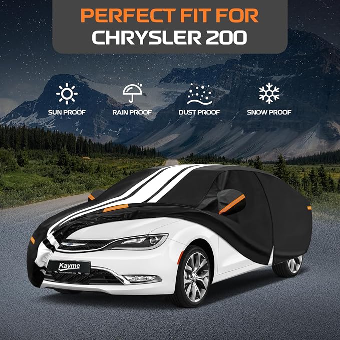 Kayme Heavy Duty Car Cover Custom Fit for Chrysler 200 (2010-2018) Waterproof All Weather for Automobiles, Gift with Tape/Towel, Outdoor Full Exterior Cover Rain Snow Sun UV Protection.