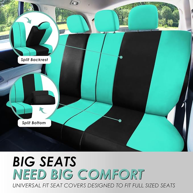 FH Group Full Set Cloth Car Seat Covers , Universal Fit combo, Low Back Front Seat Covers, Airbag Compatible, Split Bench Rear Seat, Washable Seat Cover for SUV,Sedan,Van, Mint