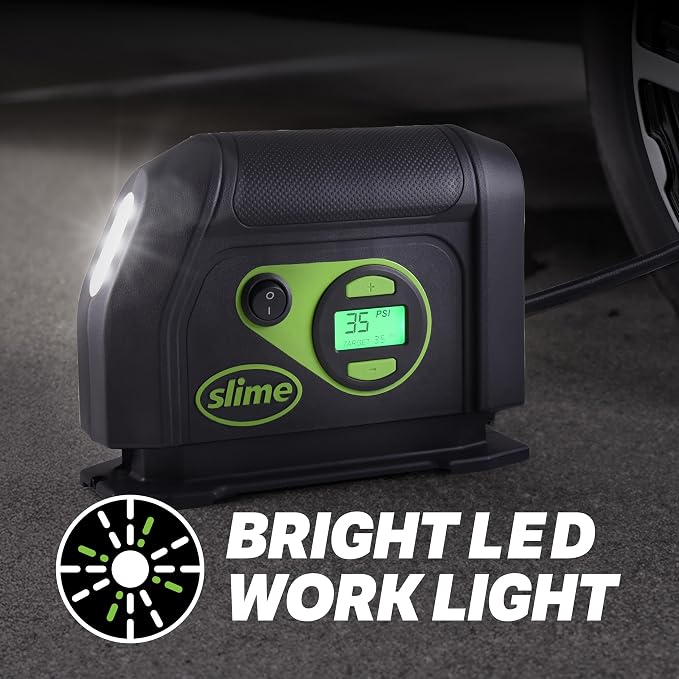 Slime 40088 Tire Inflator, Portable Car Air Compressor, Inflate Right automatic shut off, with Digital 99 psi Display, Long Hose and LED Light, 12V, 6 min inflation