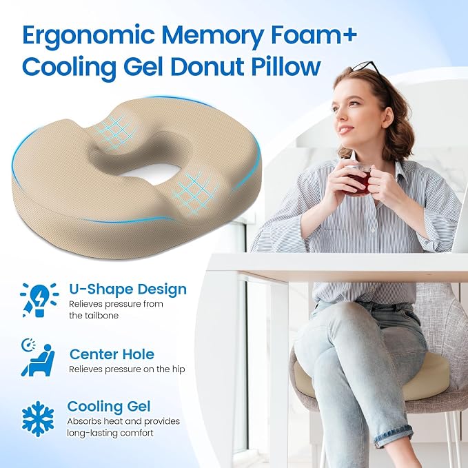 Donut Pillow Seat Cushion - Cooling Gel Donut Chair Cushions, Memory Foam Seat Cushion for Office & Home, Car Seat Cushion and Butt Pillow, Hemorrhoids Pillow and Tailbone Pain Relief, Khaki