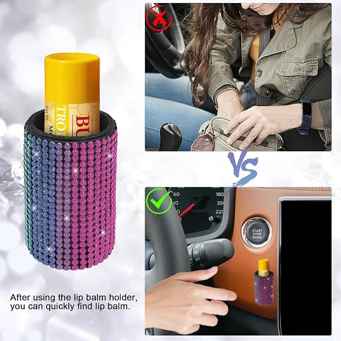 Upright Car Chapstick Holder, Bling Insulating Lip Balm Holder,Rhinestone Car Accessories for Women Interior ,Suitable for Most Vehicles. (Rainbow)