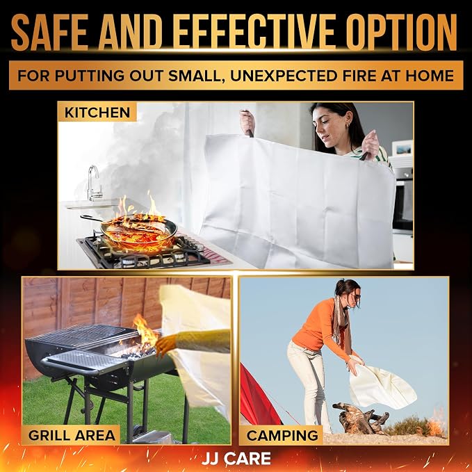 JJ CARE Fire Blanket - 40" x 40" [2 Packs with Hooks & Gloves] - Suppression Flame Retardant Emergency Fire Blanket for Camping, Grill, Kitchen, Home, Car, School, Office, Warehouse