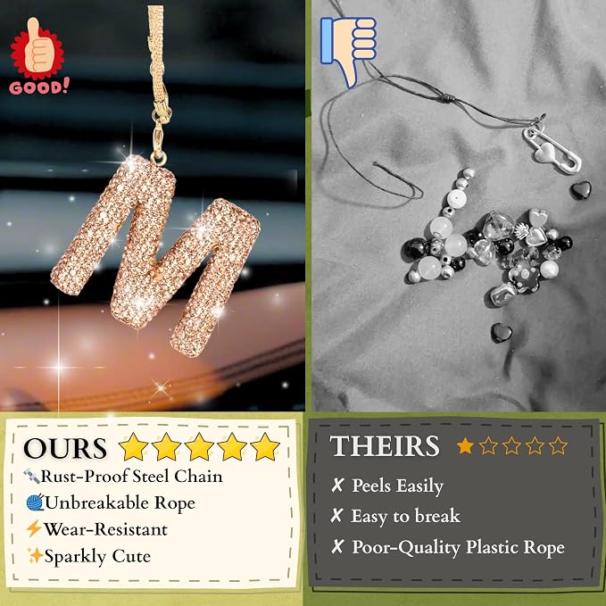 Bling Car Accessories for Women Letter Charm, Rainbow Crystal Rearview Mirror Pendant, Cute Diamond Rhinestone Car Decor, Lucky Gift for Women(M, Champagne Gold)