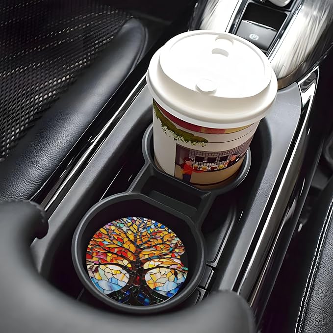 Tree of Life Art Car Cup Holder Coasters 2 Pack 2.63" for Women | Glass Universal Anti Slip Ceramic Absorbent Coaster with Cork Base and Finger Notch Cute Car Accessories Interior