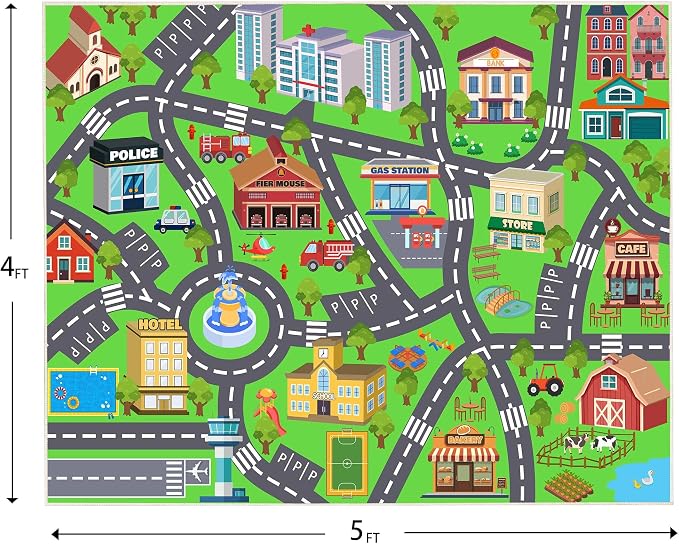 Kids Room Rug, Non-Slip 4x5ft Car Rug City Road Play Mat Rugs Playroom | Soft, Durable Childrens Road Carpet Playmat, Washable Kids Play Rug, for Classroom Bedroom Boys, Flame Resistant