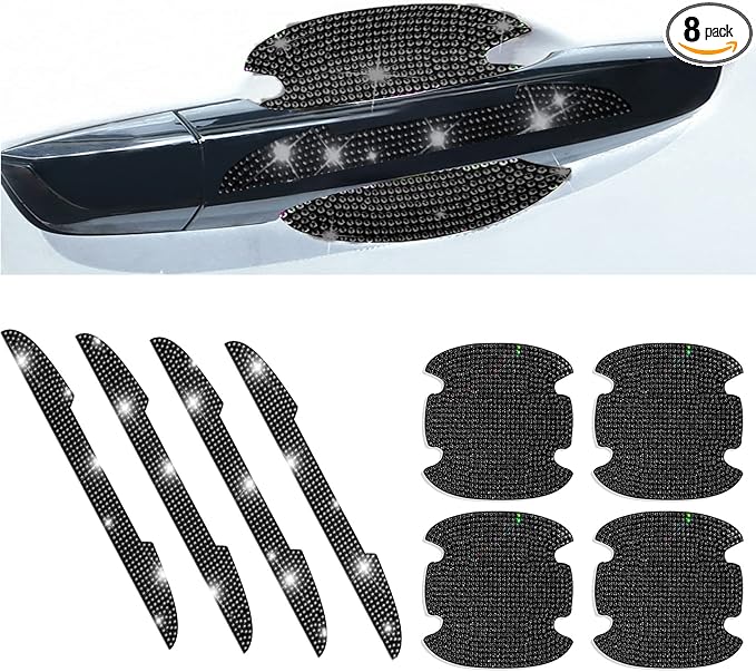 8Pcs Bling Rhinestone Car Door Handle Stickers Protector, Trim Auto Door Entry Guard Stickers for Women and Men, All Cars, Water Drill Material, Black