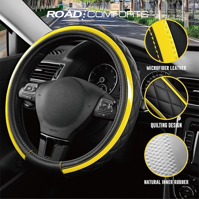 Road Comforts Leather Steering Wheel Cover – Black & Yellow, Universal Fit 14.5-15 Inch, Microfiber Leather, Anti-Slip & Breathable Design for Men and Women