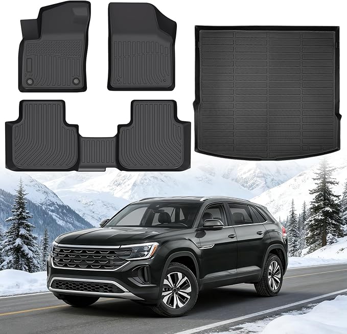 Floor Mats for Volkswagen VW Atlas Cross Sport 5 Passenger 2020-2025 | Custom Fit Heavy Duty TPE All Weather Protection, Waterproof Non-Slip Black (Two-Row Floor Mats & Cargo Liner)
