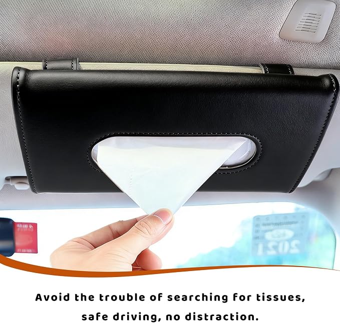 Car Visor Tissue Holder, Premium Leather Sun Visor Napkin Organizer with Tissue Refill, Universal Backseat Napkin Case Sunvisor Mask Holder for Cars SUVs Trucks RVs (Black)