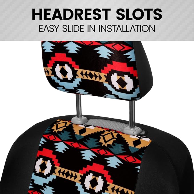 BDK Aztec Pattern Car Seat Covers for Front Seats, 2-Pack Geometric Print Front Seat Cover Set with Matching Headrest, Sideless Design for Easy Installation, Universal Fits Most Cars Trucks Vans SUVs