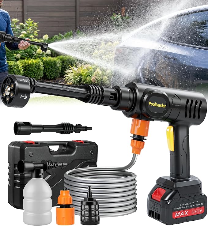 PoolLeader Cordless Car Cleaning Tool with 6-in-1 Nozzle & Foam Cannon | Lightweight Portable Design, Battery Operated Cordless Car Wash Spray, Handheld Wash Machine for Car, Patio, Home - Yellow
