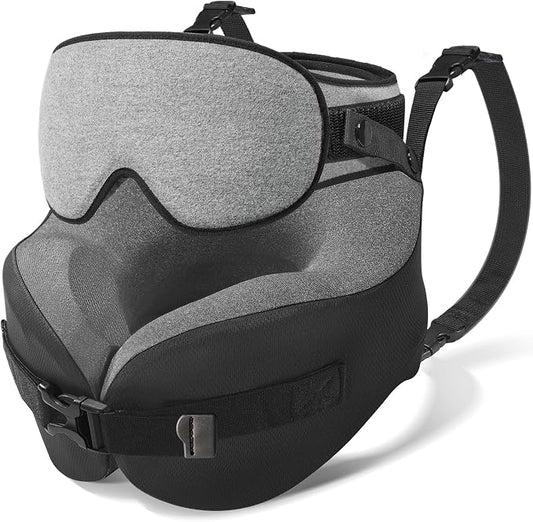 YFONG Travel Pillow for Long Flight Airplane, Head Strap Combo with 3D Contoured Sleep Eye Mask, Neck Pillow for Travel Essential, 360° Support Memory Foam Headrest, Prevent Bobbing, Drawstrap - Grey