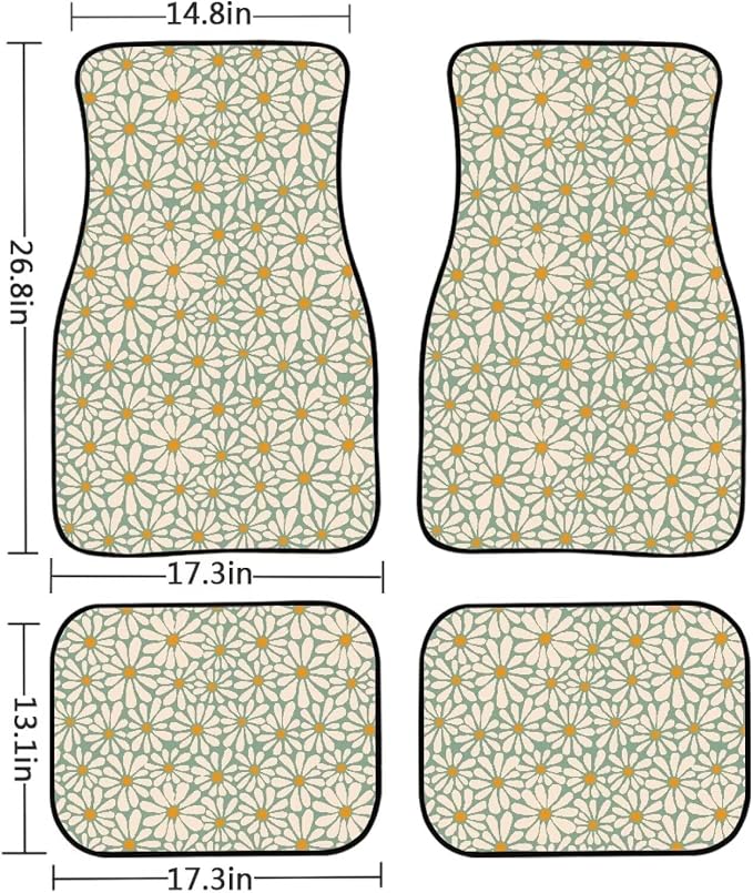 Daisy Flower Print Car Floor Mats Set of 4 Retro Groovy Floral Universal Vehicle Floor Carpet Decorative Auto Front Rear Foot Rugs for Trucks SUV Sedan