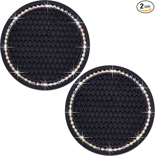 2PCS Bling Cup Holder Coaster, 2.75 Inch Auto Car Cup Holder Insert Coasters, Soft Silicone Anti-Slip Shockproof, Universal Vehicle Interior Accessories for Women Girls (Black & Colorful)