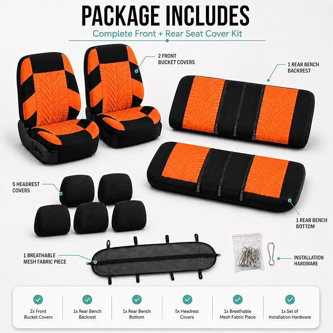 FH Group Full Set Travel Master Car Seat Covers, Airbag and Split Rear Car Seat Cover Universal Fit Interior Accessories for Cars Trucks SUV, Automotive Seat Covers, Orange