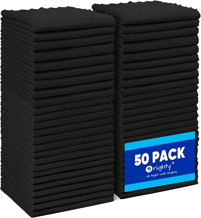 Orighty Microfiber Cleaning Cloth Bulk, 50 Pack Shop Towels 12x12 in, Black | Reusable Microfiber Towels for Cars, Shop Rags, Multi-Purpose Lint Free Cleaning Rags for Home & Kitchen