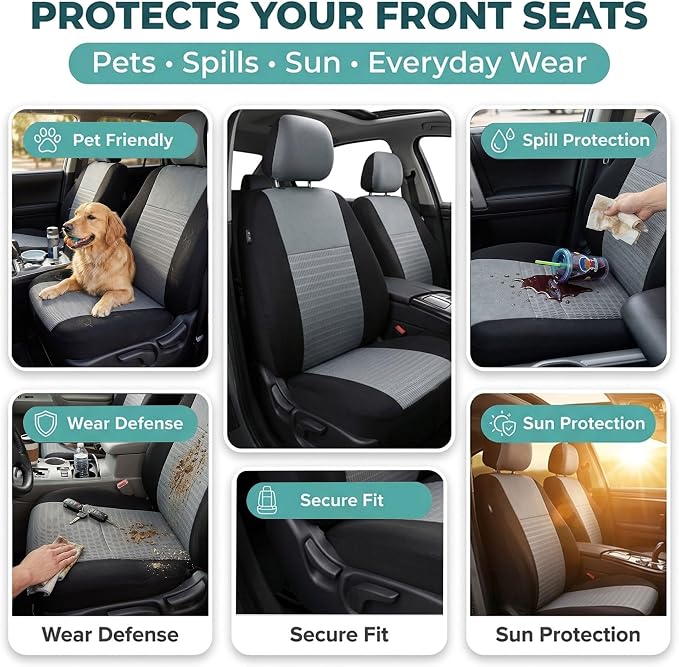 FH Group Universal Car Seat Covers Full Set for SUV Truck Sedan Vans | 3D Textured Breathable Fabric Seat Cover Set with Airbag Compatible Split Bench Protector Interior Upgrade - Gray/Black