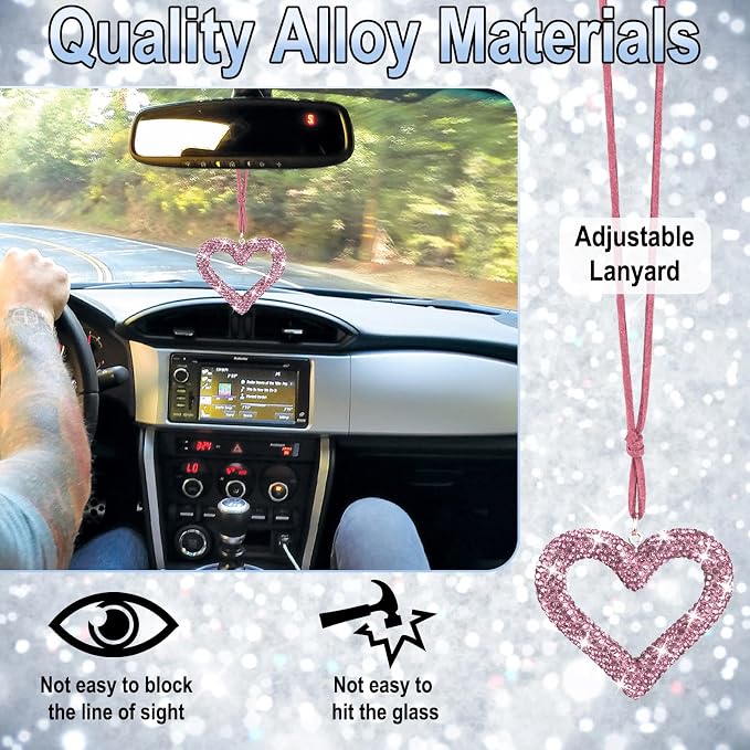 Bling Heart Car Hanging Accessories, Car Accessories for Women, Bling Rear View Mirror, Universal Bling Heart Diamond Car Accessories for Cars, Trucks, SUVs (Pink)