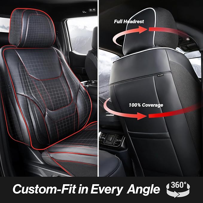Coverland Custom Truck Car Seat Covers Front Seats for [2020-2026 Jeep Gladiator Crew Cab Split Bench Without Armrest] - Protector Water Resistant Leather [Front - Black with White Stitching]