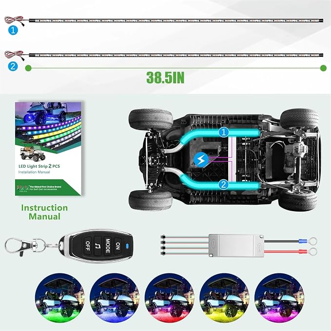 10L0L 2PCS Golf Cart Underglow LED Light Kit, Underbody RGB Strip Lights, 24-Mode Neon Accent Lighting, Music Sync, Wireless Remote, IP67 Waterproof, 12V-80V Input for EZGO Yamaha Club Car