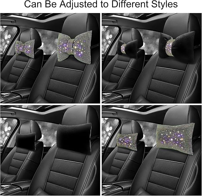 surpassme 2PCS Rhinestone Car Headrest Neck Pillow for Driving with Bling Bling Crystal Bow Pillow Car Accessories for Women (Color)