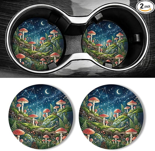 WOCOCN Car Coasters for Cup Holders - 2 Pack 2.75" Universal Rubber Car Cup Coaster, Non-Slip Waterproof Car Interior Accessories, Cute Car Decor Gifts for Women and Men (Mushroom)