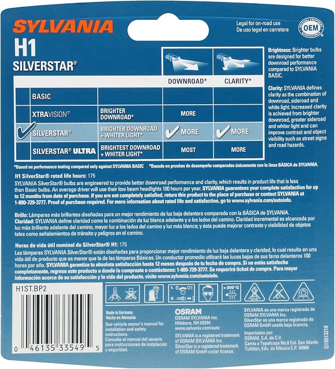 SYLVANIA - H1 SilverStar - High Performance Halogen Headlight Bulb, High Beam, Low Beam and Fog Replacement Bulb, Brighter Down Road with Whiter Light (Contains 2 Bulbs)