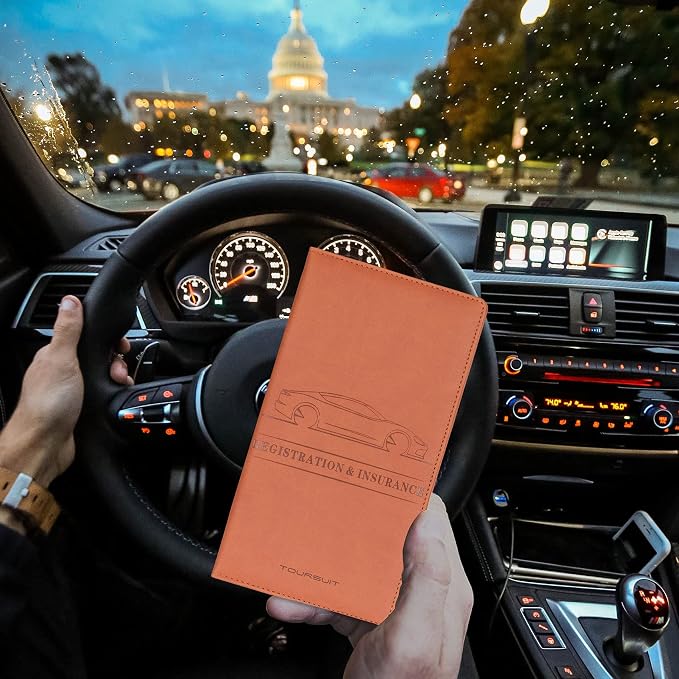 TOURSUIT Car Registration & Insurance Card Holder, Brown | Vehicle License Document Organizer, Glove Box Compartment, Interior Car Accessories, For Women Men