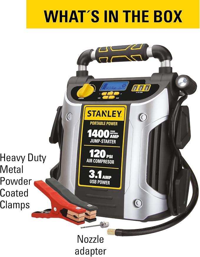 Stanley J7C09D 1400 Peak Amp Automotive Jump Starter, Portable Power – Triple 15W USB Ports, 120 PSI Air Compressor for Tires & Sports Equipment | Portable Power Station with Triple 15W USB Ports