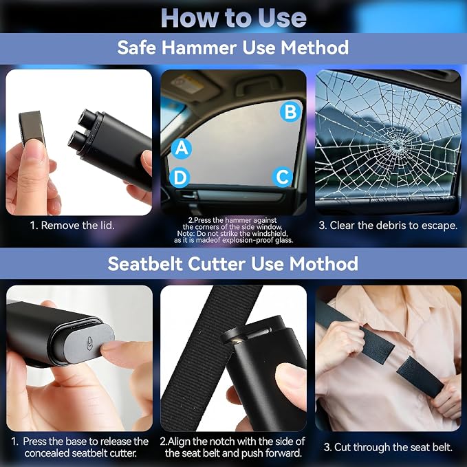 Dual-Head Car Safety Hammer, Upgraded 2-in-1 Window Breaker & Seatbelt Cutter for Traffic Accidents and Emergency Rescue, Underwater Glass Breaker Escape Tool with Test Glass - Black, 2PCS