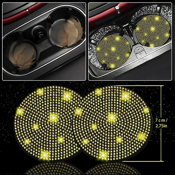 NBTEPEM 30 Pcs Yellow Bling Car Accessories Set for Women, Steering Wheel Cover Set, Bling Console Cover, Seat Belt Cushion, Shift Knob Cushion, Cup Holder Coaster, Rhinestone Car Hanging Accessories