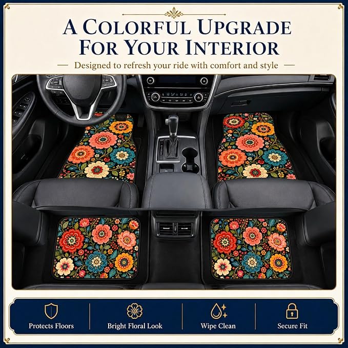 Folk Flower Car Floor Mats Set of 4 Black Botanical Garden Art Car Accessories Foot Mats Rugs, Non-Slip,Decor for Universal Fit for Suvs Sedans Trucks Cars Auto Floor Carpets Rugs All-Weather