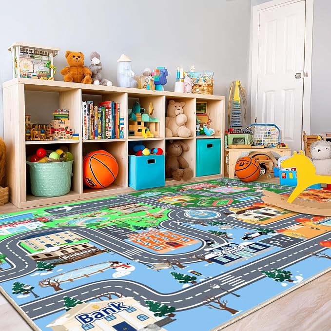 Car Rug Play Mat for Kids Toy Cars, 8' x 10' City Road Town Track Four Seasons Traffic Carpet, Non-Slip Washable Area Rug for Kids Room Bedroom Classroom Play Area, Fun Learning Carpet for Children