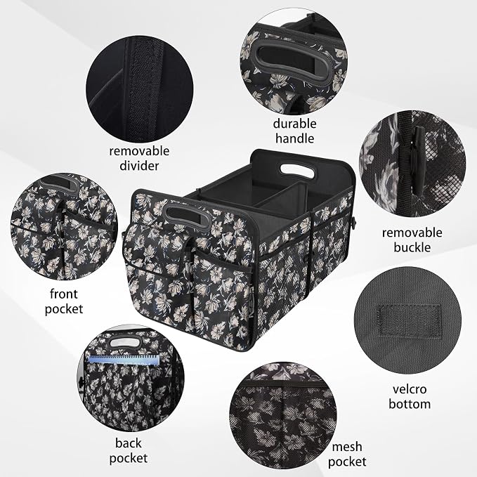 Trunk Organizer, Collapsible Trunk Organizers and Storage, Car Accessories for Women and Men, Multi-Compartment Trunk Storage Organizer for SUV, Car, Mini-Van - Floral