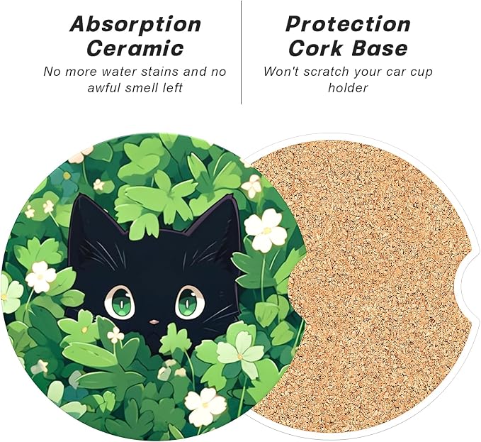 Aiawoxc Car Cup Holder Coasters, 2 Pack Universal Auto Anti Slip Insert Coaster with A Finger Notch, Cup Mat for Most Car Interior, Green Leaf Cat