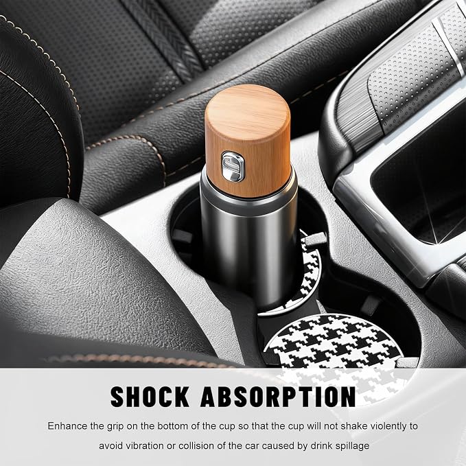4 PCS Car Cup Coasters, 2.76 Inch Shockproof Auto Cup Holder Insert Coaster Checkered Drink Mat, Anti-Slip Waterproof Water Bottle Pad Stylish Grid Decoration for Most Vehicles (Houndstooth)