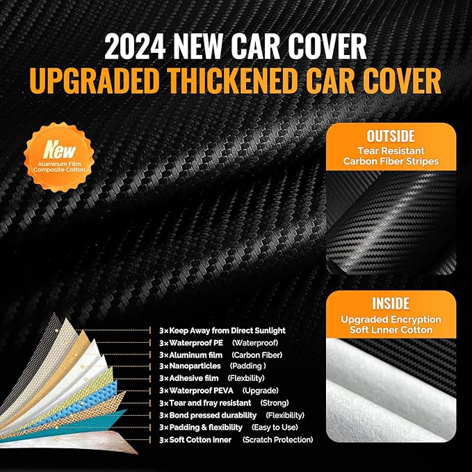 30 Layers Car Cover for Automobiles All Weather Waterproof, Outdoor Snowproof UV Protection Windproof, Door Zipper, Soft Cotton, Heavy Duty Universal Car Covers, (Black, Fit Sedans 191"-200")