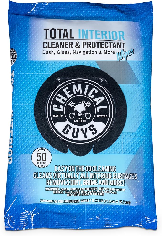 Chemical Guys, Total Interior Cleaner & Protectant Wipes, Multi-Use, 50 Ct | Multi-surface wipes clean dashboards, doors, seats and trim on the go, fifty per pack for quick interior touch-ups