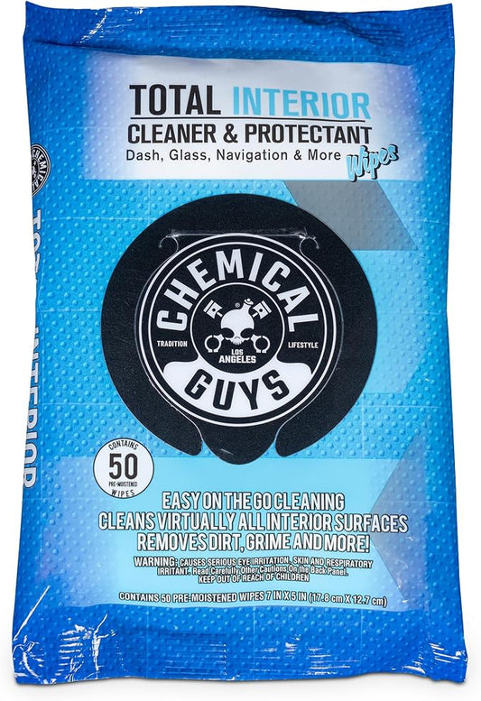 Chemical Guys, Total Interior Cleaner & Protectant Wipes, Multi-Use, 50 Ct | Multi-surface wipes clean dashboards, doors, seats and trim on the go, fifty per pack for quick interior touch-ups