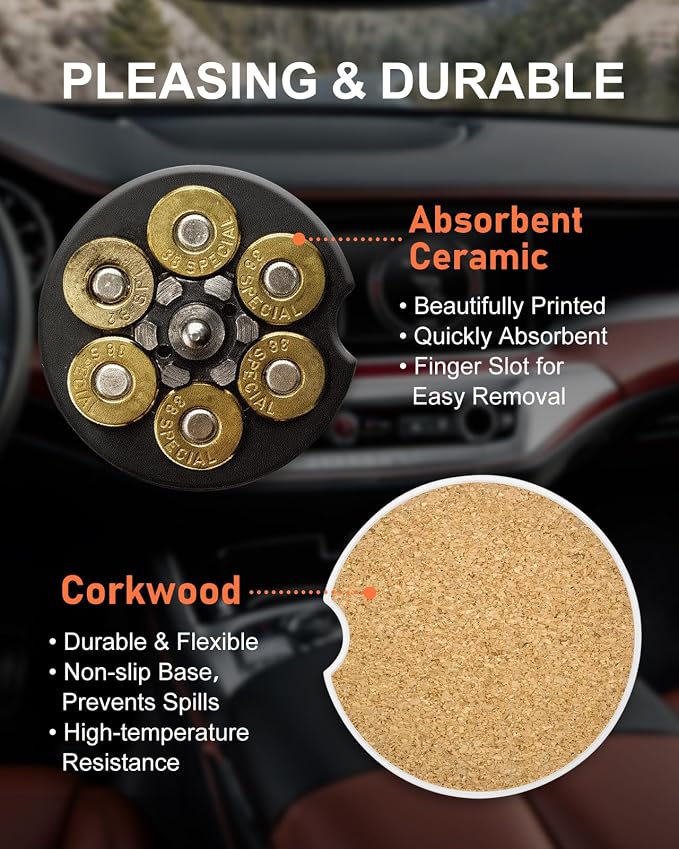 Swooflia Car Coasters for Men - Bullet Shape Ceramic Car Cupholder Coaster Cool Absorbent Mat Coaster with Cork Base 2 Pack Automotive Cup Holder Accessories New Driver Gifts
