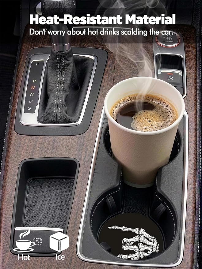 WOCOCN Car Coasters for Cup Holders - 2 Pack 2.75" Universal Rubber Car Cup Coaster, Non-Slip Waterproof Car Interior Accessories, Cute Car Decor Gifts for Women and Men (Skeleton Hand)