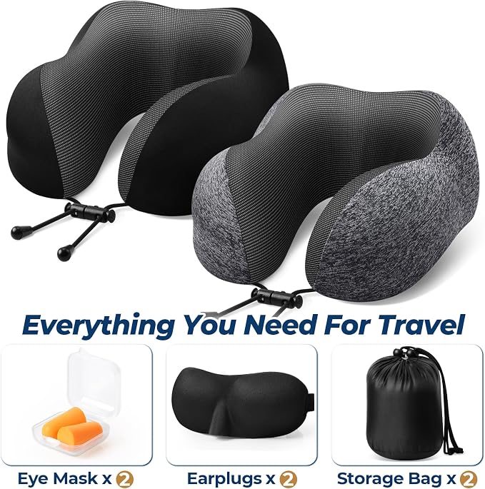 ExploreBliss Travel Pillow, 2 Pack Travel Pillows for Sleeping Airplane, Removable Cover Neck Pillow with Adjustable Clasp, Memory Foam Neck Pillow Set (Dark Grey & Black)